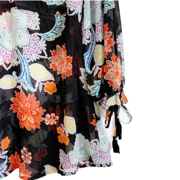 RAGA Anthropologie Blouse Tassel 3/4 Sleeve V-Neck Black Orange Floral Top Small - Picture 5 of 15